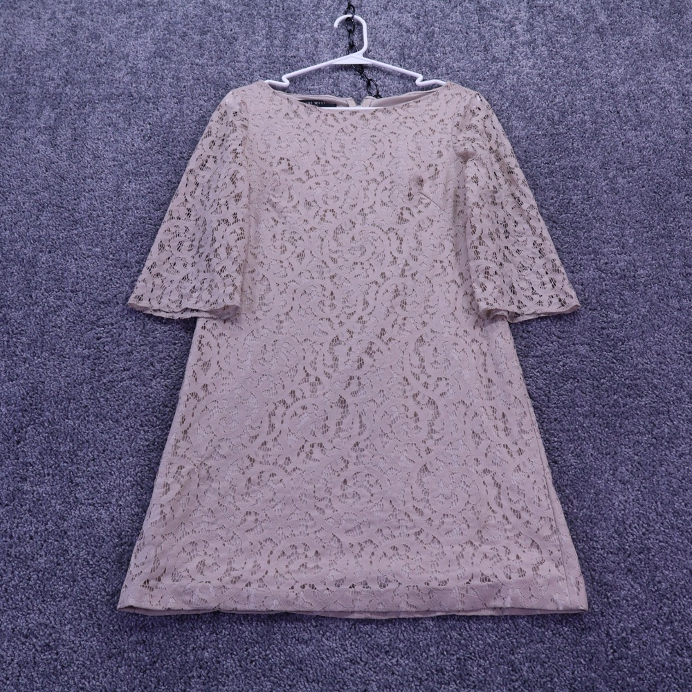 Nine West Sheath Dress Womens 6 Beige Lace Bell Sleeve Boat Neck Mini Zip Back